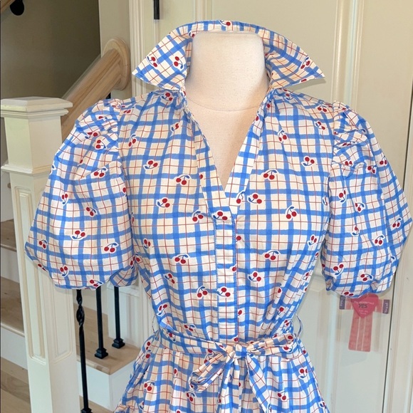 Avara Pinch Sommer Dress Midi Cherry Print Puff Sleeve Cotton New - Picture 2 of 14